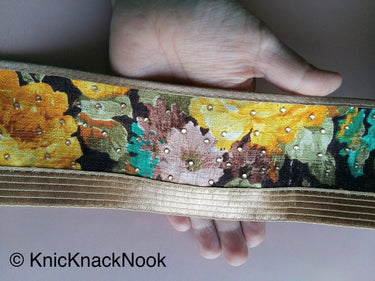 Brown And Gold Fabric Trim With Yellow, Green And Brown Floral Design Embellished With Diamantes, Digital Print Trim Border - 200317L404